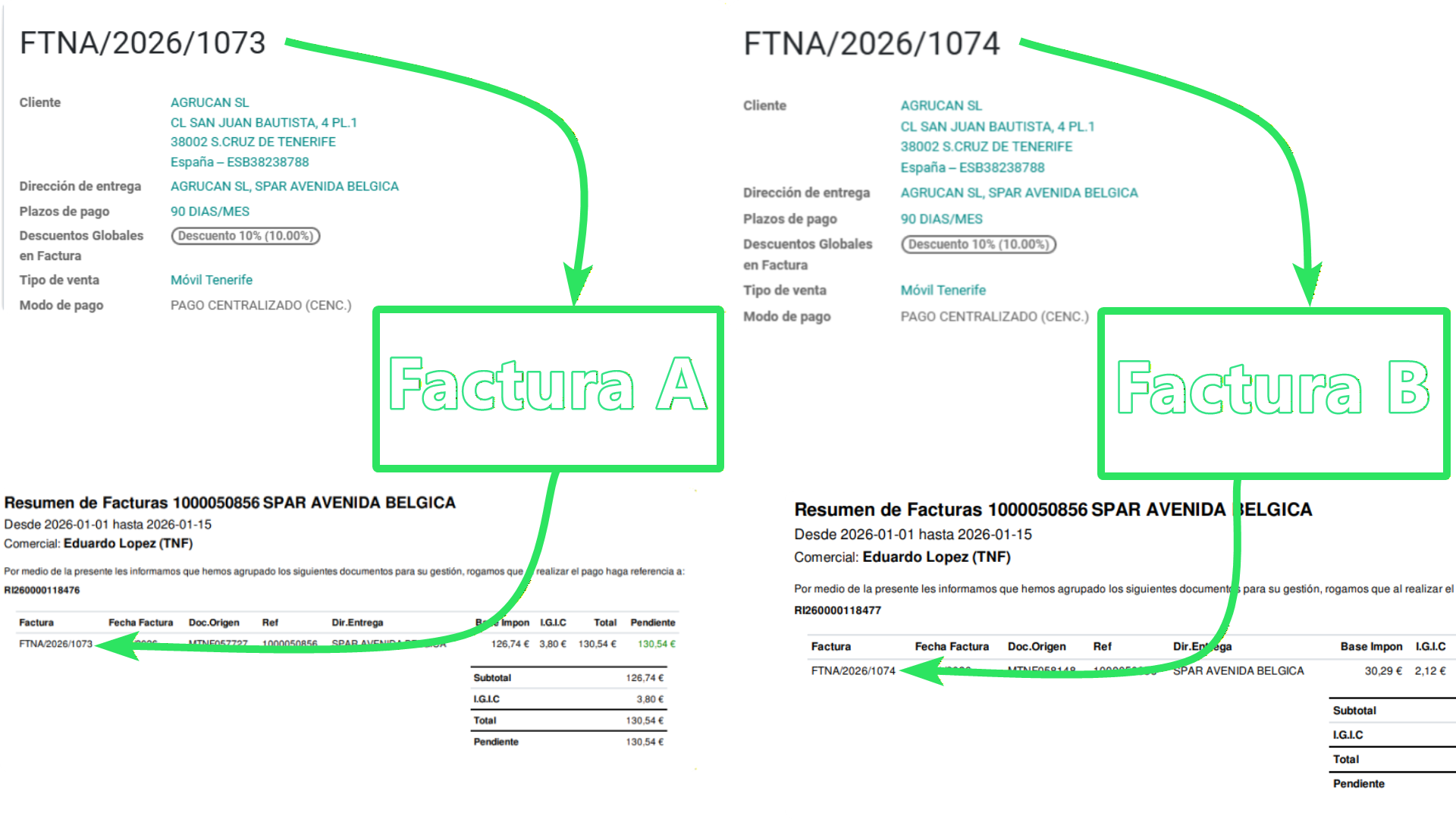 Imagen del resultado de facturas agrupadas