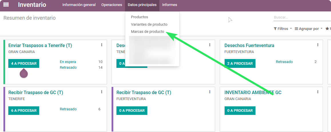 Navegación menú Inventario